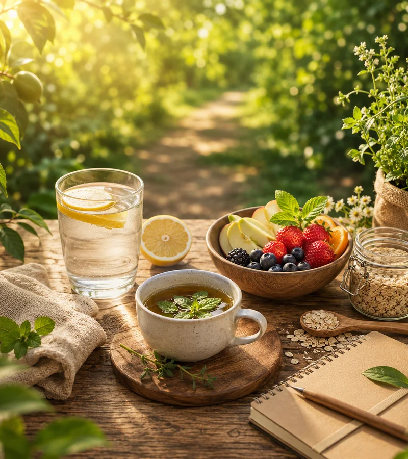 Bebidas, frutas y alimentos naturales para hábitos saludables