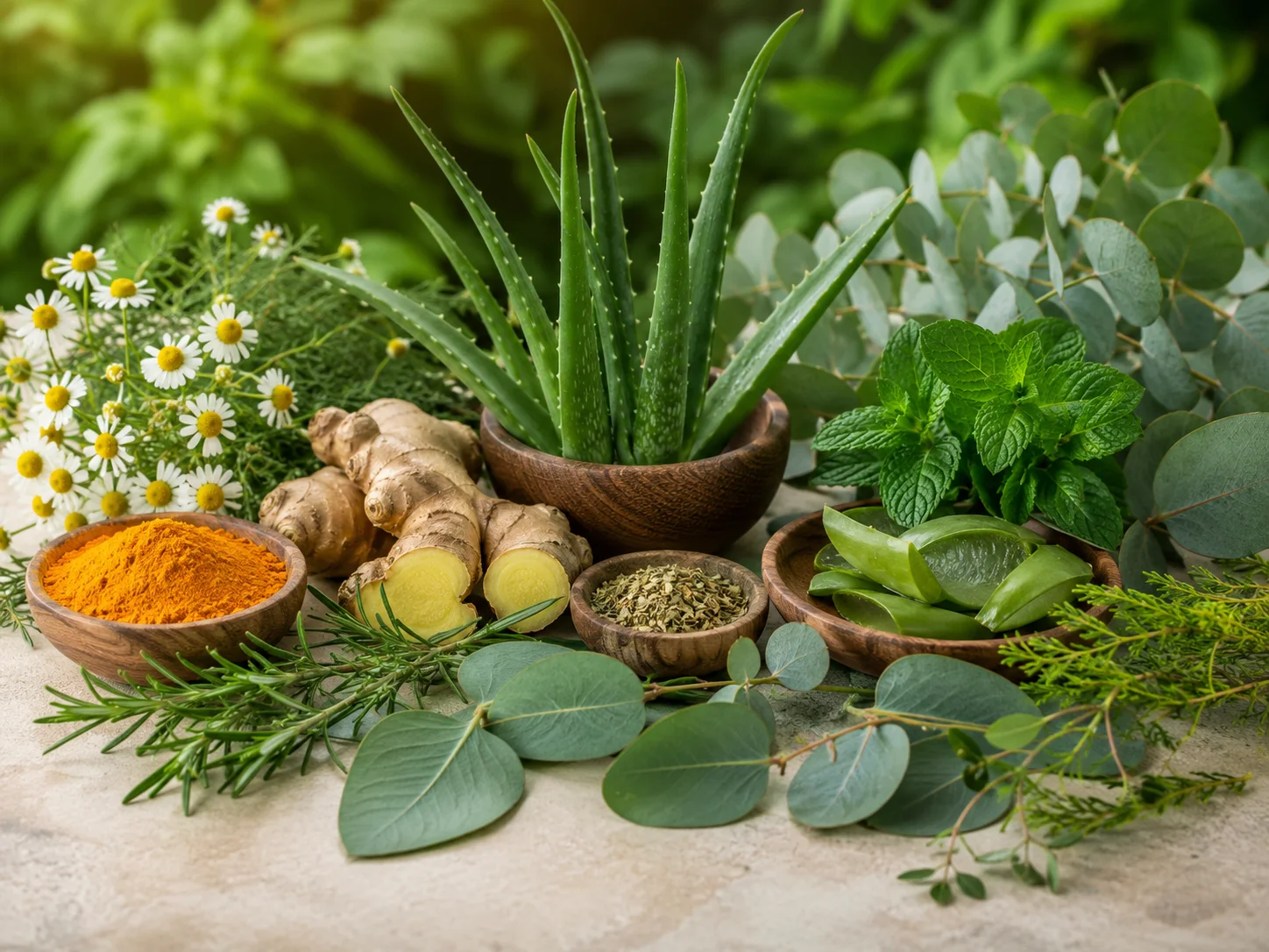 Aloe vera, manzanilla, jengibre, menta y otras plantas naturales